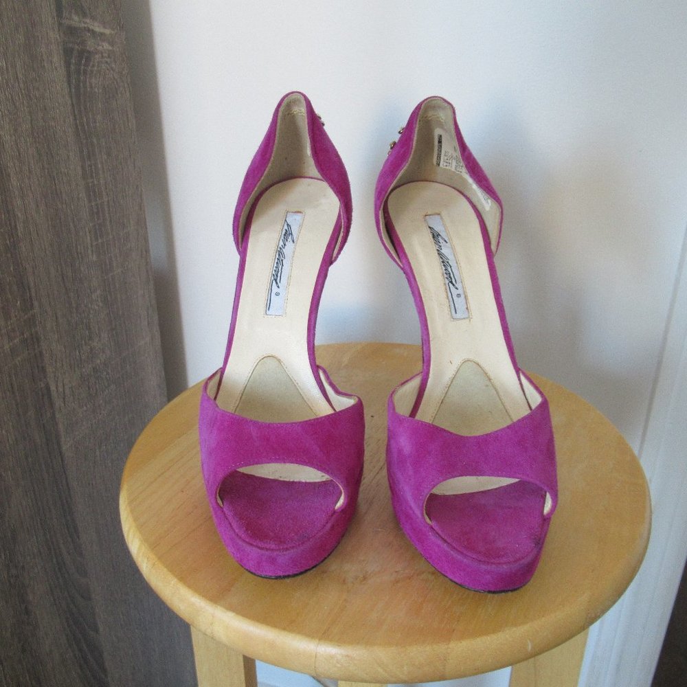 Brian Atwood Magenta Suede Pumps with Crystals on Back size 37